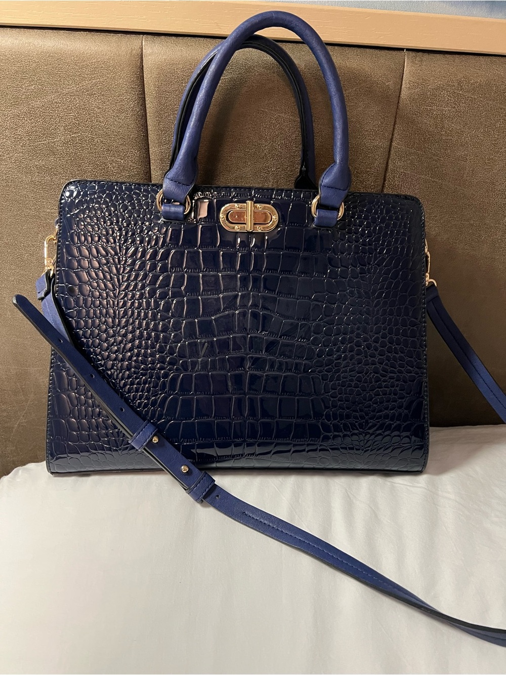 Croc-Embossed Navy Tote with Gold Turn-Lock